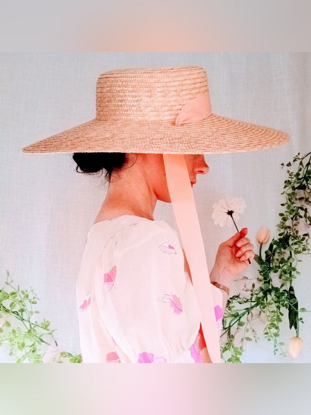 Anthro โ Wyeth Extended Wide Brim Boater Straw Hat with Tie Ribbon Chin Strap - Picture 4 of 17